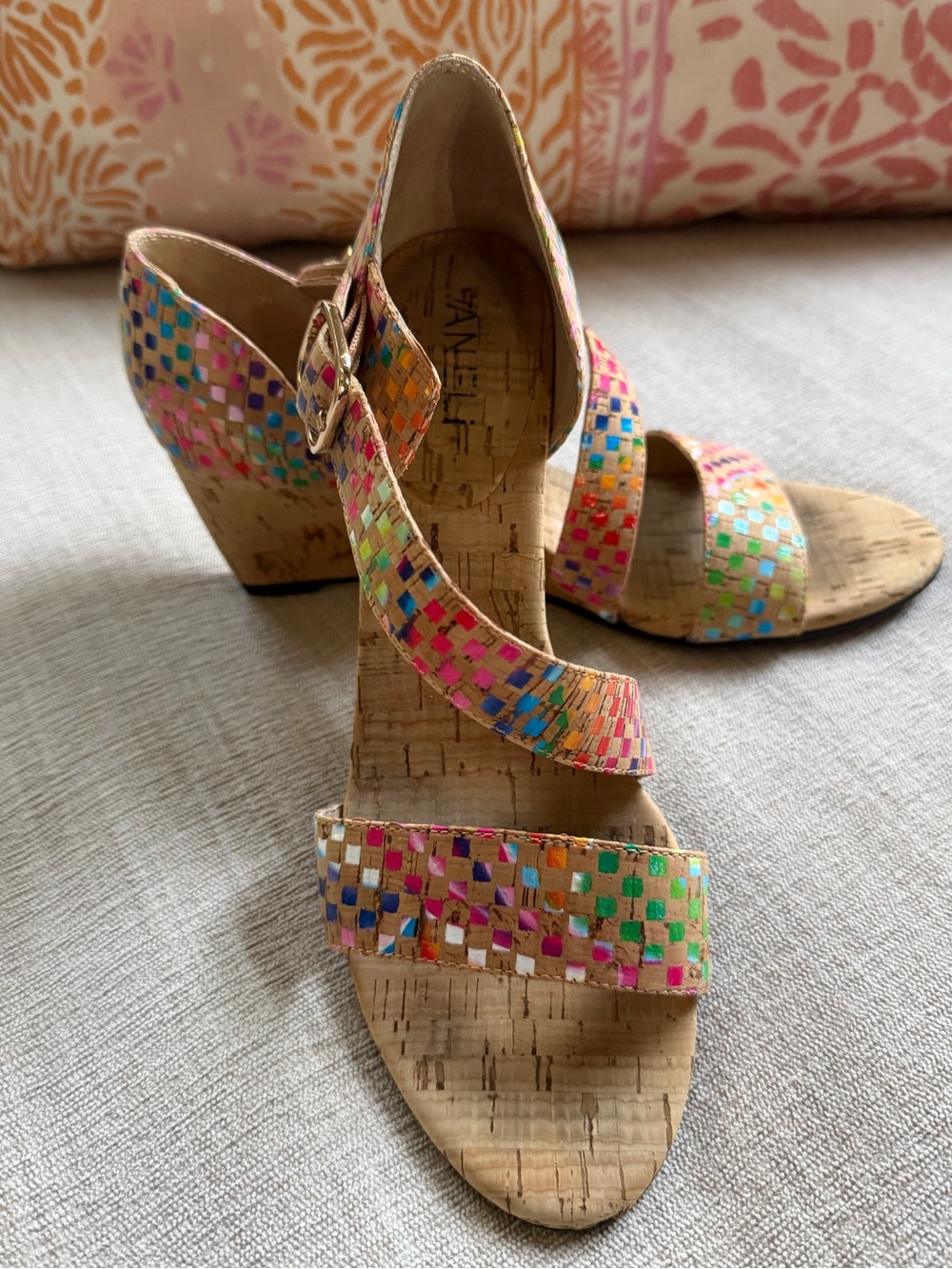 Vaneli Marise Rainbow Strappy Cork Wedge Sandals. Women's Size: 7.5N.